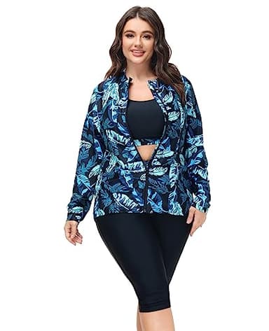 Hanna Nikole Women's Plus Size 3 Piece Rash Guard Swimsuits Long Sleeve Swimwear for Surfing Blue Leaf 24W - Image 6