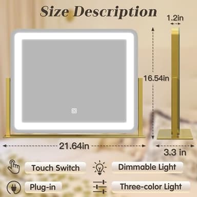 ROLOVE Gold Vanity Mirror with Lights - Smart Touch Dimming, 3-Color Lighting, 360° Rotatable Desktop Makeup Mirror for Desk, 22"x17" - Image 3