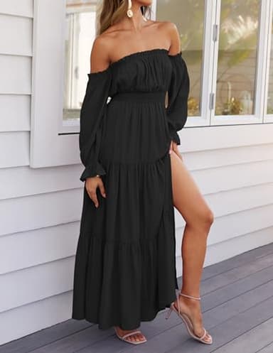 ZESICA Women's 2025 Boho Sexy Off Shoulder Long Sleeve Smocked High Waist Side Split Flowy A Line Tiered Long Maxi Dress,DarkBlack,Medium - Image 7