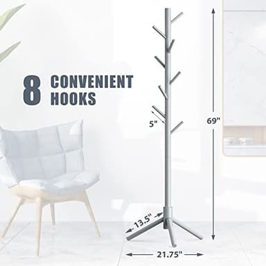 Haddockway Wooden Coat Rack Stand with 8 Hooks New Zealand Pine 3 Adjustable Coat Standing Tree Easy Assembly for Coats, Hats, Scarves and Handbags for Entryway, Hallway, Bedroom, Office - Image 2
