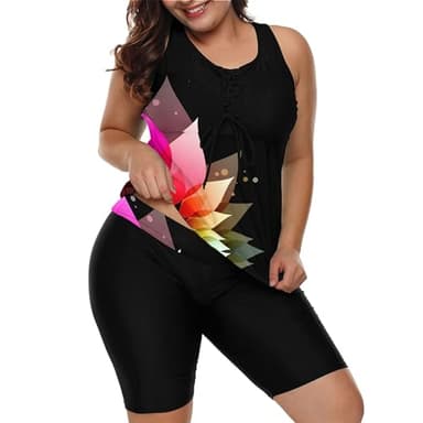 LALAGEN Womens 2025 Plus Size Tankini Swimsuits Rash Guard Capris Athletic Two Piece Swimwear Bathing Suits Black Petals L - Image 2