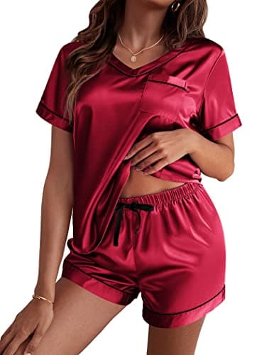 Ekouaer Silk Pajama for Women Short Sleeve Satin Pj Set Two Piece Soft Sleepwear Loungewear Casual Pjs for Summer Wine Red Medium - Image 1