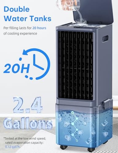 COOLECH Windowless Air Conditioner w/ 4 Modes & 3 Speeds, Waterless Alert, 2.4-Gal Tank for 20H Cooling, 12H Timer, 20FT Remote, 70° Auto Swing Evaporative Air Cooler, Portable AC Unit for Bedroom - Image 3