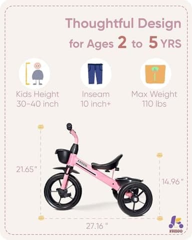 KRIDDO Kids Tricycles Age 24 Month to 4 Years, Toddler Kids Trike for 2.5 to 5 Year Old, Gift Toddler Tricycles for 2-4 Year Olds, Trikes for Toddlers, Sporty Styling, Pink - Image 5