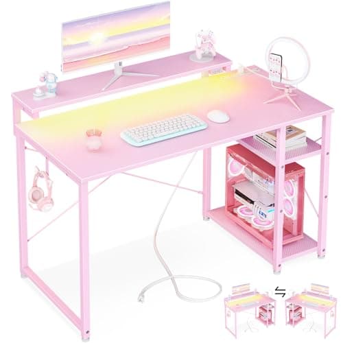 MOTPK 40 Inch Small Gaming Desk with Storage & Led Lights, Computer Desk with Power Outlet & Shelf, Reversible Gamer Desk with Adjustable Monitor Stand, Carbon Fiber Texture Pink - Image 1
