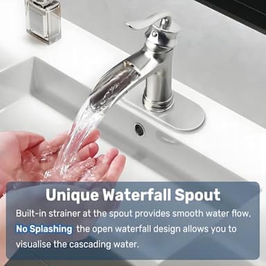 Yodel Faucet Single Handle Waterfall Bathroom Faucet for Sink 1 or 3 Hole with Drain Set,Brushed Nickel - Image 3