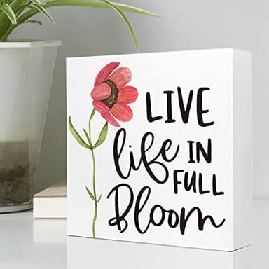 Live Life In Full Bloom Wood Sign - Rustic Flowers Spring Wood Block Plaque Box Sign For Farmhouse Home Dining Room Garden Shelf Tabletop Decoration - Image 3