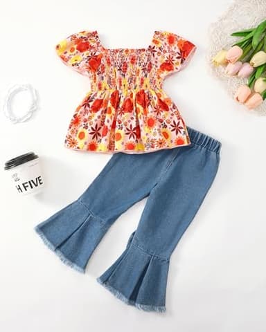 Baby Girl Clothes 12 18 Months Infant Spring Summer Outfits 12 Month Girl Clothes Short Sleeve Orange Sunflower Square Neck Smocked Shirt Bell Bottom Denim Pants Flare Jeans Clothing - Image 3