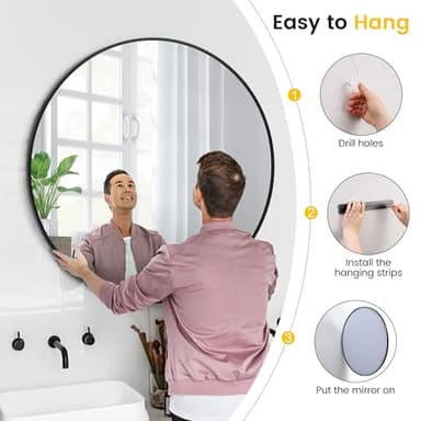 36 Inch Black Round Wall Mirror, Circle Mirror Metal Frame for Bathroom, Vanity, Entryway, Bedroom, Living Room, Wall Mounted Modern Rustic Decor - Image 7