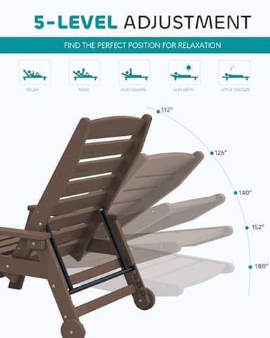 SERWALL Patio Chaise Lounge Chair Set of 2, 78'' Long 5-Positions Adjustable HDPE Outdoor Lounger for Pool, Poly Lounge Chair with Rolling Wheels & Cup Holder for Poolside, Deck, Coffee Brown - Image 4