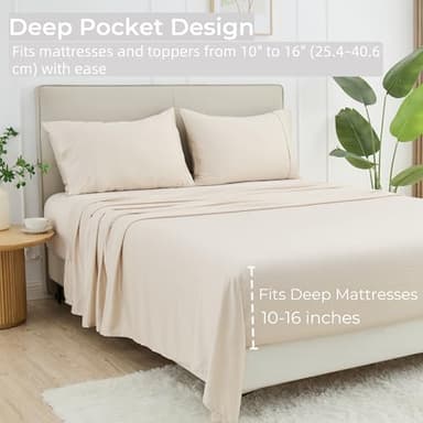 GOKOTTA King Size Sheets Set 4 Pcs,100% Rayon Derived from Bamboo,Cooling Sheets King Size for Hot Sleepers,16 Inch Deep Pocket King Sheets with Elastic Corner Straps, Silky Soft & Breathable - Beige - Image 8