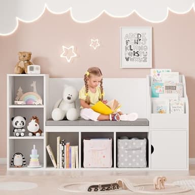 MU Kids Bookshelf with Reading Nook, Toddler Bookcase Bench with Seat Cushion and 7 Storage Cubbies, Kids Reading Nook for Boys & Girls, Toy Storage Bench Box for Bedroom, Playroom, Nursery, White - Image 3