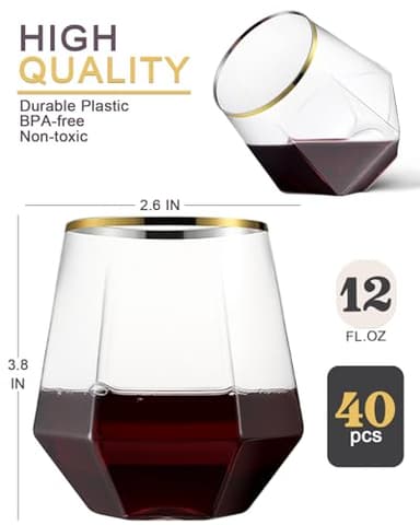 Maaacute 40 Pcak Plastic Stemless Wine cocktail Whiskey Champagne Glasses, 12 Oz Gold Rim Disposable Clear Unbreakable Cups for Party Bars Wedding Tasting (Diamond-shaped) - Image 6