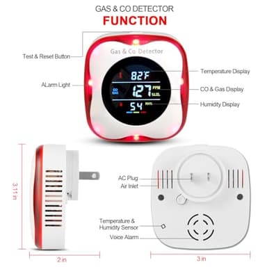 Combustible Gas & Carbon Monoxide Detector 4-in-1 Alarm with Temp/Humidity Sensor – Plug-in CO/Gas Leak Detector for Home, RV, Apartment Safety (Explosive Gas & CO Detection) (CO&Gas, 2-Pack) - Image 2