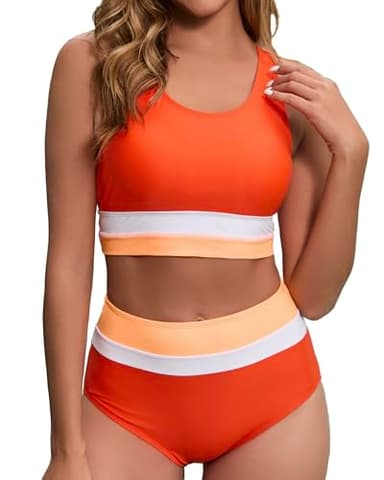 Dipinon Women's High Waisted Bikini Sets Two Piece Swimsuit Color Block Sporty Athletic Scoop Neck Bathing Suits (Orange,L) - Image 1