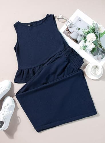 Dokotoo Two Piece Sets for Women Summer Elastic Waist Matching Sets Summer Outfits Beach Vacation Clothes for Women Blue Large - Image 4