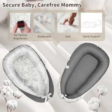 Baby Lounger - Babies Nest for Newborn, Breathable & Soft Organic Cotton Lounger, Portable Baby Lounger for Home & Travel, Ideal Newborn Essentials, Grey Leaves - Image 4