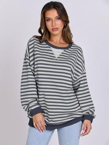 ANRABESS Women Striped Sweatshirts Oversized Crewneck Long Sleeve Shirts Y2K Pullover Top 2025 Fall Outfits Fashion Clothes Grey Blue X-Large - Image 2