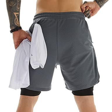 JWJ Men's 2 in 1 Workout Running Shorts 7 Inch Lightweight Athletic Gym Shorts with Compression Liner Deep Gray XL - Image 3