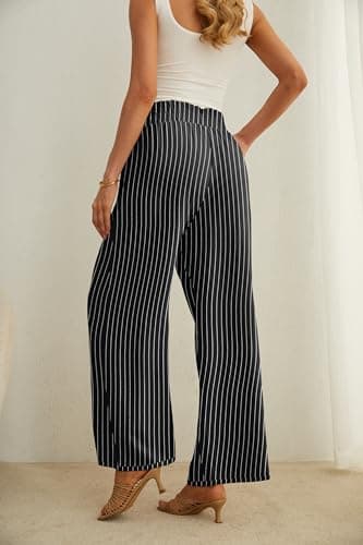 IWOLLENCE Women's Wide Leg Pants with Pockets High Waist Adjustable Knot Loose Casual Trousers Business Work Casual Pants Black Stripe L - Image 4