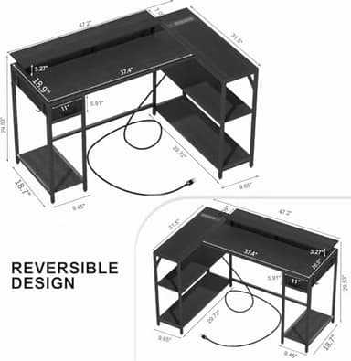 Eivanet 47 inch Gaming Desk with Power Outlet & LED Light, Reversible L Shaped Desk, L Shaped Desk with Hook & Monitor Stand, Computer Desk with Drawer and Shelves for Home Office Bedroom - Image 3