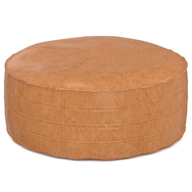 SIMPLIHOME Brody Boho Round Pouf in Distressed Brown Vegan Faux Leather for the Living Room, Bedroom and Kids Room - Image 1