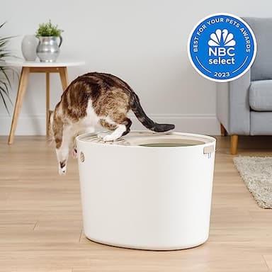 IRIS USA Cat Litter Box, Large Top Entry with Litter Catching Lid and Scoop, Dog Proof, Cat Box Enclosure, Beige/White - Image 3