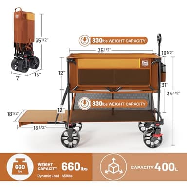 TIMBER RIDGE 400L Large Capacity Folding Double Decker Wagon with Brakes, 54" Extra Long Extender Wagon Cart, 660lbs Heavy Duty Collapsible Cart, All-Terrain Big Wheels for Camping, Sports, Shopping - Image 9