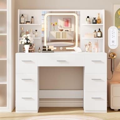 LIVELYGLOW Large Makeup Vanity Desk, 43.3”W x 15.7“D x 53.2”H, White (Large Desktop, Samrt LED Mirror, 4 Open Shelves, 7 Drawers, Hairdryer Rack, Power-Outlet, No Cushion Stool Included) - Image 8