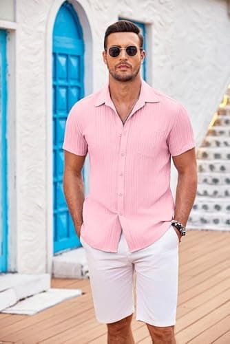 COOFANDY Men's Casual Button Down Shirts Short Sleeve Textured Summer Beach Shirt with Pocket - Image 3
