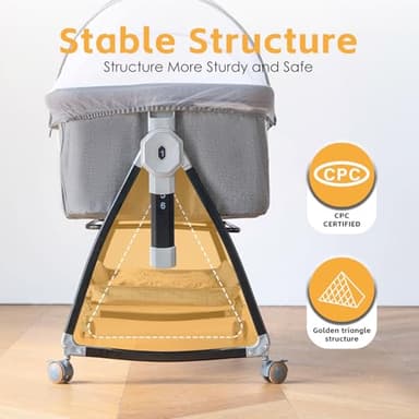 venowu Bedside Crib, 3 in 1 Bassinet with Quick Height Adjustment and Mosquito Nets Rocking Bassinet for Baby, Bedside Bassinet with Wheels, Easy to Fold, Golden Triangle Structure（Grey） - Image 7
