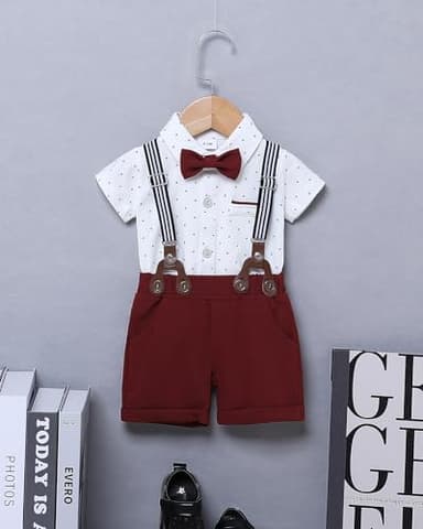 ZOEREA Baby Boy Clothes Suit Infant Short Sleeve Gentleman Outfits Dress Shirt+Bowtie+Suspender Shorts Wine Red 0-18M - Image 2