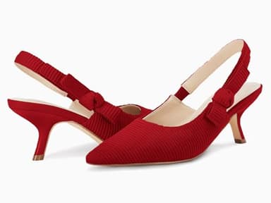 Coutgo Womens Slingback Kitten Heels Closed Pointed Toe Bowknot Knitted Slip On Work Pumps Dress Shoes Red - Image 5