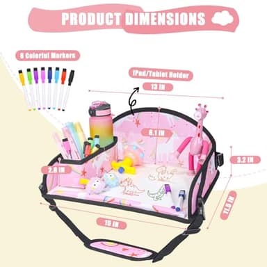 DxTing Kids Travel Tray for Car Airplane - Car Seat Tray for Kids Travel, Toddler Carseat Lap Table, Road Trip Essentials, Lap Desk for Kid Roadtrip Activities, Pink Unicorn - Image 6