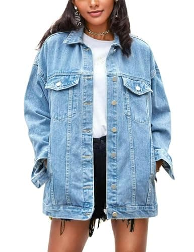 Omoone Women's Oversized Mid Long Denim Jacket Jean Biker Coat(0199-Denim Blue-XL) - Image 1