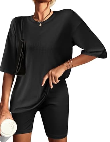 Ekouaer Womens Pajamas 2 Piece Lounge Sets Ribbed Knit Matching T-shirt Biker Shorts Outfits Sleepwear Loungewear Black Large