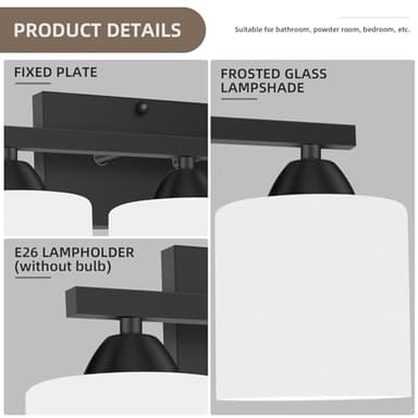 YICALE 3-Light Bathroom Vanity Light Fixture, Matte Black Bathroom Light Fixtures Over Mirror, Modern Vanity Wall Sconce Lighting for Bedroom, Milky White Glass Shade, E26 Base, Bulbs Not Included - Image 2