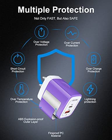 USB C Wall Charger, AILKIN 3Pcs 20W PD + QC3.0 USBC Charger Block Super Fast Power Output Rapid Charging Box Wall Plug Cube for Apple iPhone, Samsung Galaxy, Motorola, LG, Google Pixel - Purple - Image 5