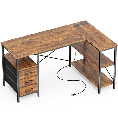Huuger L Shaped Office Desk with Power Outlets, 47 Inch Computer Desk with 3 Drawers, Shelves, for Gaming, Corner Work, Home Office, Study, Rustic Brown - Image 1
