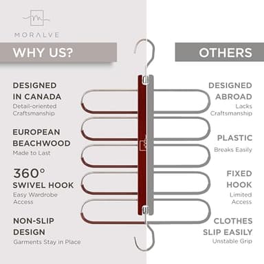 MORALVE Pants Hangers Space Saving - 2 Pack European Beechwood Scarf and Jean Hangers - Closet Organizer and Space Saver Pant Rack, Leggings Hanger, and Scarf Holder with 360° Swivel Hook - Image 5