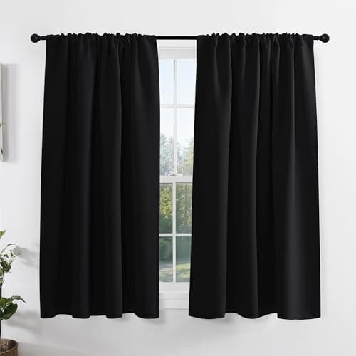 PONY DANCE Short Blackout Curtains for Kitchen Over Sink 45 inch Long, Thermal Insulated Black Out Curtain for Bedroom, Rod Pocket Drapes for Bathroom Small Window(2 Panels Set, Black, 42 inches Wide) - Image 1