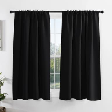 PONY DANCE Short Blackout Curtains for Kitchen Over Sink 45 inch Long, Thermal Insulated Black Out Curtain for Bedroom, Rod Pocket Drapes for Bathroom Small Window(2 Panels Set, Black, 42 inches Wide) - Image 1