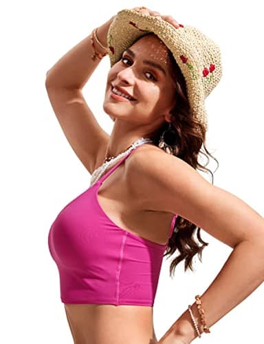 CRZ YOGA Women's Bikini Top Cropped V Neck Adjustable Spaghetti Straps Swimsuit Padded Athletic Bathing Suit Hibiscus Purple Large - Image 5