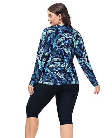 Hanna Nikole Women's Plus Size 3 Piece Rash Guard Swimsuits Long Sleeve Swimwear for Surfing Blue Leaf 24W - Image 2