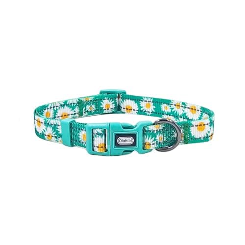 Olahibi Floral Pattern Dog Collar, Pretty Daisy Print, Durable Nylon with Reflective Stripes, Adjustable Length, for Large Dogs.(Large, Green Daisy) - Image 1