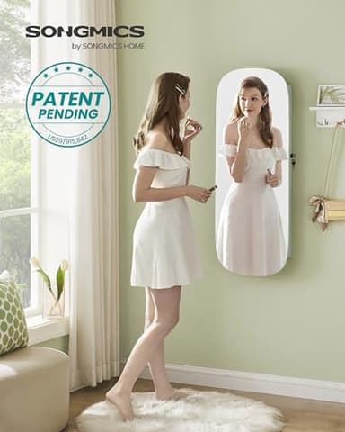 SONGMICS Jewelry Organizer, LED Jewelry Cabinet Wall/Door Mounted, Lockable Rounded Wide Mirror with Storage, Interior Mirror, 3.9 x 16.5 x 42.5 Inches, Laurel Green Surface with Cream White Lining - Image 2