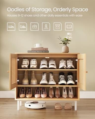 VASAGLE Natural Rattan 3-Tier Shoe Cabinet, 16 Pair Shoe Storage Cabinet, Boho Style Shoe Organizer with Height-Adjustable Shelves and Steel Legs, for Entryway, Closet, Hallway, Oak Beige ULBC049N01 - Image 4