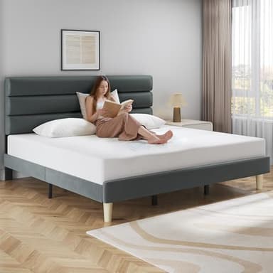 Fluest King Bed Frame, Platform Bed with Velvet Upholstered Headboard, No Box Spring Needed, Sturdy Metal Support, Noise Free, Easy Assembly, Mattress Foundation, Modern Bedroom Furniture, Grey - Image 7
