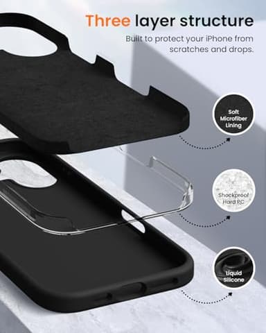 OuXul Designed for iPhone 16 Case 6.1"- Slim Liquid Silicone Cover with [Soft Anti-Scratch Microfiber Lining], Shockproof 3-Layer Full Protection (Black) - Image 4