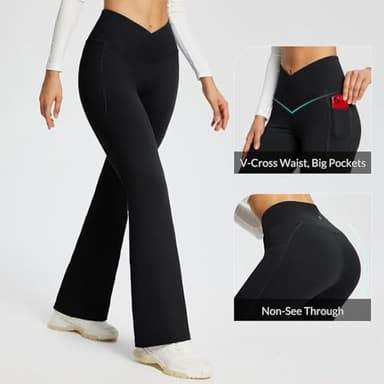 baleaf Women's Flare Leggings with Pockets Crossover Flared High Waist Petite Yoga Pants Tummy Control Bootcut Leggings Black 29" M - Image 3